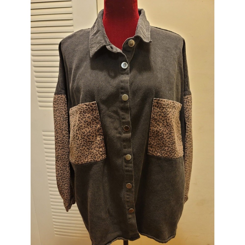 POL Womens Oversize Black Animal Print Denim Jacket Shacket Shirt Plus Size 3XL